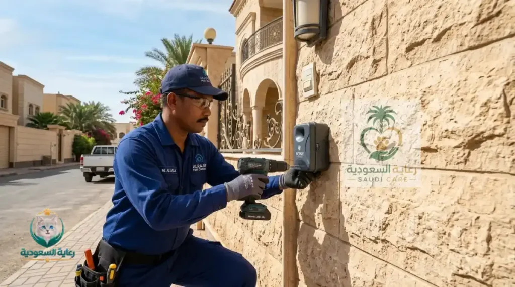 عامل يركب جهاز طرد الموجات الصوتية